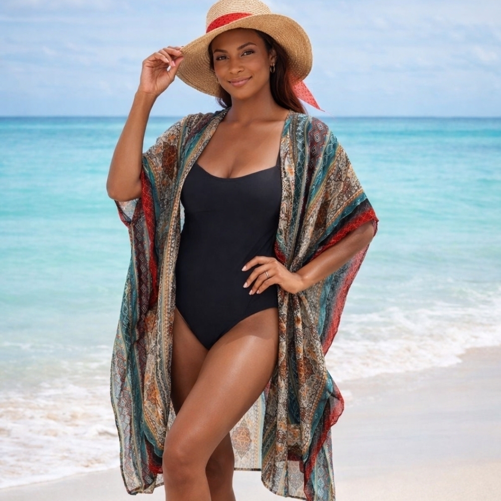 NEW Adrienne Vittadini Kimono & Hat Cover up Set Rhinestones Luxury Boho Summer - Picture 1 of 13